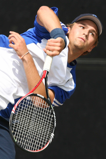 Brett Alchorn serves an ace during last Wednesday's home match against Westchester. Palisades won 7-0 to remain unbeaten in Western League matches.